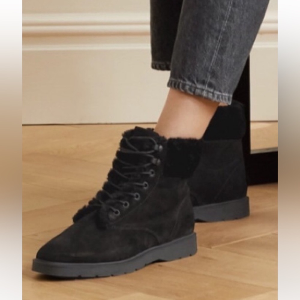 VINCE sz 8 Boots Hayes 2 Ankle Water Repellent Suede Shearling Hiking Black $350